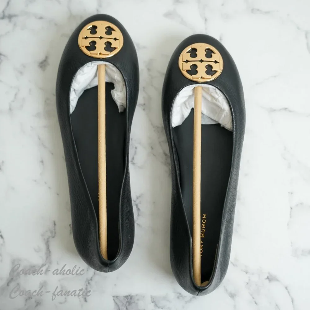 NIB Tory Burch Signature Logo Classic Chelsea Ballet Flat in Black/Gold